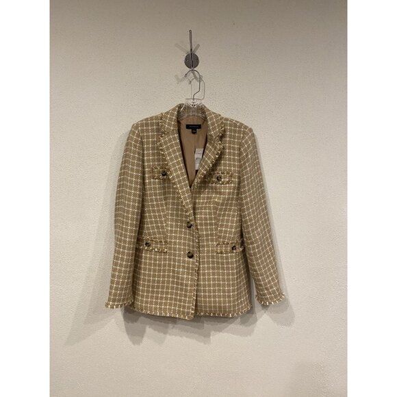 Ann Taylor Blazer Womens 2 Beige White Checked Tweed Fringe Trim Pockets Jacket - Picture 2 of 4